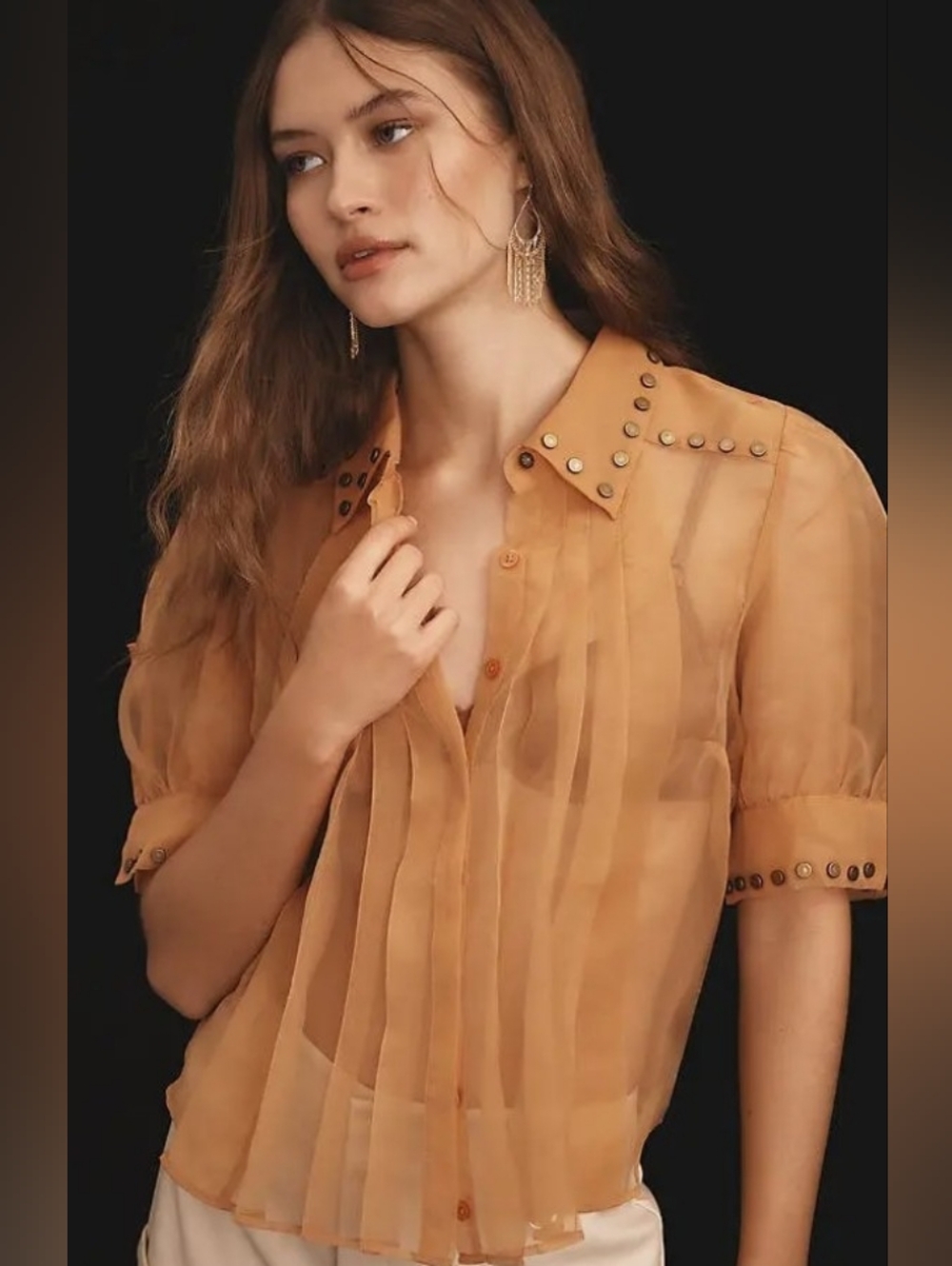 Anthropologie Maeve Short-Sleeve Sheer Button-front Closure Pleated Blouse